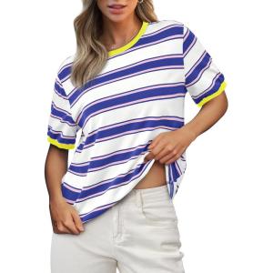 imageBTFBM Womens Summer Tops 2025 Crewneck Short Sleeve Striped T Shirts Casual Loose Lightweight Color Block Basic TeeWhite Dark Blue
