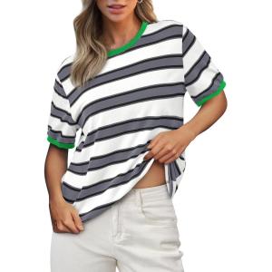 imageBTFBM Womens Summer Tops 2025 Crewneck Short Sleeve Striped T Shirts Casual Loose Lightweight Color Block Basic TeeWhite Grey