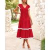 imageBTFBM Spring Summer Dresses for Women 2025 Vacation V Neck Cap Sleeve RIC Rac Loose Flowy Beach Midi Dress with PocketSolid Red
