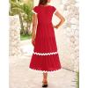 imageBTFBM Spring Summer Dresses for Women 2025 Vacation V Neck Cap Sleeve RIC Rac Loose Flowy Beach Midi Dress with PocketSolid Red