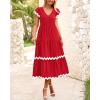 imageBTFBM Spring Summer Dresses for Women 2025 Vacation V Neck Cap Sleeve RIC Rac Loose Flowy Beach Midi Dress with PocketSolid Red