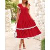 imageBTFBM Spring Summer Dresses for Women 2025 Vacation V Neck Cap Sleeve RIC Rac Loose Flowy Beach Midi Dress with PocketSolid Red