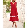 imageBTFBM Spring Summer Dresses for Women 2025 Vacation V Neck Cap Sleeve RIC Rac Loose Flowy Beach Midi Dress with PocketSolid Red