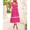 imageBTFBM Spring Summer Dresses for Women 2025 Vacation V Neck Cap Sleeve RIC Rac Loose Flowy Beach Midi Dress with PocketSolid Rose Red