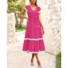 imageBTFBM Spring Summer Dresses for Women 2025 Vacation V Neck Cap Sleeve RIC Rac Loose Flowy Beach Midi Dress with PocketSolid Rose Red