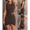 imageBTFBM Women 2025 Summer Sleeveless Tank Dresses Crew Neck Slim Fit Short Casual Ruched Bodycon Party Club Mini DressCoffee