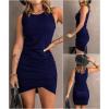 imageBTFBM Women 2025 Summer Sleeveless Tank Dresses Crew Neck Slim Fit Short Casual Ruched Bodycon Party Club Mini DressNavy