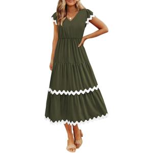 imageBTFBM Spring Summer Dresses for Women 2025 Vacation V Neck Cap Sleeve RIC Rac Loose Flowy Beach Midi Dress with PocketSolid Army Green