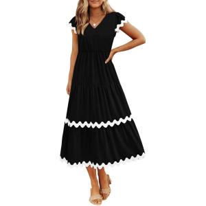 imageBTFBM Spring Summer Dresses for Women 2025 Vacation V Neck Cap Sleeve RIC Rac Loose Flowy Beach Midi Dress with PocketSolid Black