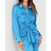 imageBTFBM Women Long Sleeve Satin Dress 2025 Summer Fall Lapel V Neck Button Down Belted Elegant Ruched Maxi Shirt DressesSolid Aqua Blue