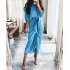 imageBTFBM Women Long Sleeve Satin Dress 2025 Summer Fall Lapel V Neck Button Down Belted Elegant Ruched Maxi Shirt DressesSolid Aqua Blue