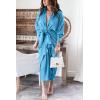 imageBTFBM Women Long Sleeve Satin Dress 2025 Summer Fall Lapel V Neck Button Down Belted Elegant Ruched Maxi Shirt DressesSolid Aqua Blue