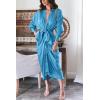 imageBTFBM Women Long Sleeve Satin Dress 2025 Summer Fall Lapel V Neck Button Down Belted Elegant Ruched Maxi Shirt DressesSolid Aqua Blue