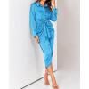 imageBTFBM Women Long Sleeve Satin Dress 2025 Summer Fall Lapel V Neck Button Down Belted Elegant Ruched Maxi Shirt DressesSolid Aqua Blue