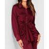 imageBTFBM Women Long Sleeve Satin Dress 2025 Summer Fall Lapel V Neck Button Down Belted Elegant Ruched Maxi Shirt DressesSolid Dark Wine Red
