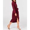 imageBTFBM Women Long Sleeve Satin Dress 2025 Summer Fall Lapel V Neck Button Down Belted Elegant Ruched Maxi Shirt DressesSolid Dark Wine Red