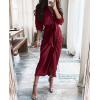 imageBTFBM Women Long Sleeve Satin Dress 2025 Summer Fall Lapel V Neck Button Down Belted Elegant Ruched Maxi Shirt DressesSolid Dark Wine Red