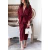 imageBTFBM Women Long Sleeve Satin Dress 2025 Summer Fall Lapel V Neck Button Down Belted Elegant Ruched Maxi Shirt DressesSolid Dark Wine Red