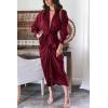 imageBTFBM Women Long Sleeve Satin Dress 2025 Summer Fall Lapel V Neck Button Down Belted Elegant Ruched Maxi Shirt DressesSolid Dark Wine Red