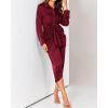 imageBTFBM Women Long Sleeve Satin Dress 2025 Summer Fall Lapel V Neck Button Down Belted Elegant Ruched Maxi Shirt DressesSolid Dark Wine Red