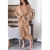 imageBTFBM Women Long Sleeve Satin Dress 2025 Summer Fall Lapel V Neck Button Down Belted Elegant Ruched Maxi Shirt DressesSolid Light Khaki