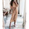 imageBTFBM Women Long Sleeve Satin Dress 2025 Summer Fall Lapel V Neck Button Down Belted Elegant Ruched Maxi Shirt DressesSolid Light Khaki