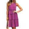 imageBTFBM Women Sleeveless Summer Dress 2025 Crewneck Ribbed Knit Ruffle Swing Button Down Beach Sun Mini Tank Short DressesTiered Rose Red