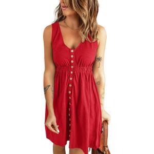 imageBTFBM Women Sleeveless Summer Dress 2025 Crewneck Ribbed Knit Ruffle Swing Button Down Beach Sun Mini Tank Short DressesButtons Red