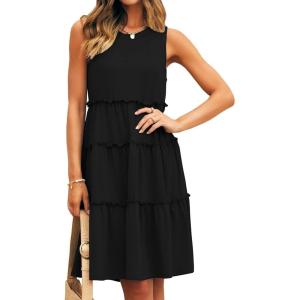 imageBTFBM Women Sleeveless Summer Dress 2025 Crewneck Ribbed Knit Ruffle Swing Button Down Beach Sun Mini Tank Short DressesTiered Black