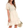 imageBTFBM Womens V Neck Casual Vacation Dress Short Sleeve Smocked Swiss Dot Swing Ruffle Mini Beach Summer Dresses 2025Swiss Dot Apricot