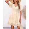 imageBTFBM Womens V Neck Casual Vacation Dress Short Sleeve Smocked Swiss Dot Swing Ruffle Mini Beach Summer Dresses 2025Swiss Dot Apricot