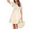 imageBTFBM Womens V Neck Casual Vacation Dress Short Sleeve Smocked Swiss Dot Swing Ruffle Mini Beach Summer Dresses 2025Swiss Dot Apricot