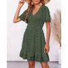 imageBTFBM Womens V Neck Casual Vacation Dress Short Sleeve Smocked Swiss Dot Swing Ruffle Mini Beach Summer Dresses 2025Swiss Dot Army Green