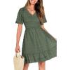 imageBTFBM Womens V Neck Casual Vacation Dress Short Sleeve Smocked Swiss Dot Swing Ruffle Mini Beach Summer Dresses 2025Swiss Dot Army Green