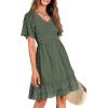 imageBTFBM Womens V Neck Casual Vacation Dress Short Sleeve Smocked Swiss Dot Swing Ruffle Mini Beach Summer Dresses 2025Swiss Dot Army Green