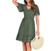 imageBTFBM Womens V Neck Casual Vacation Dress Short Sleeve Smocked Swiss Dot Swing Ruffle Mini Beach Summer Dresses 2025Swiss Dot Army Green