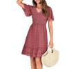 imageBTFBM Womens V Neck Casual Vacation Dress Short Sleeve Smocked Swiss Dot Swing Ruffle Mini Beach Summer Dresses 2025Swiss Dot Bean Paste Red