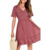 imageBTFBM Womens V Neck Casual Vacation Dress Short Sleeve Smocked Swiss Dot Swing Ruffle Mini Beach Summer Dresses 2025Swiss Dot Bean Paste Red