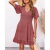 imageBTFBM Womens V Neck Casual Vacation Dress Short Sleeve Smocked Swiss Dot Swing Ruffle Mini Beach Summer Dresses 2025Swiss Dot Bean Paste Red