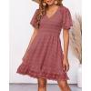imageBTFBM Womens V Neck Casual Vacation Dress Short Sleeve Smocked Swiss Dot Swing Ruffle Mini Beach Summer Dresses 2025Swiss Dot Bean Paste Red
