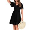 imageBTFBM Womens V Neck Casual Vacation Dress Short Sleeve Smocked Swiss Dot Swing Ruffle Mini Beach Summer Dresses 2025Swiss Dot Black
