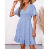imageBTFBM Womens V Neck Casual Vacation Dress Short Sleeve Smocked Swiss Dot Swing Ruffle Mini Beach Summer Dresses 2025Swiss Dot Blue