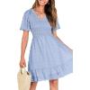 imageBTFBM Womens V Neck Casual Vacation Dress Short Sleeve Smocked Swiss Dot Swing Ruffle Mini Beach Summer Dresses 2025Swiss Dot Blue