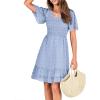 imageBTFBM Womens V Neck Casual Vacation Dress Short Sleeve Smocked Swiss Dot Swing Ruffle Mini Beach Summer Dresses 2025Swiss Dot Blue