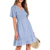 imageBTFBM Womens V Neck Casual Vacation Dress Short Sleeve Smocked Swiss Dot Swing Ruffle Mini Beach Summer Dresses 2025Swiss Dot Blue