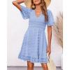 imageBTFBM Womens V Neck Casual Vacation Dress Short Sleeve Smocked Swiss Dot Swing Ruffle Mini Beach Summer Dresses 2025Swiss Dot Blue
