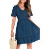 imageBTFBM Womens V Neck Casual Vacation Dress Short Sleeve Smocked Swiss Dot Swing Ruffle Mini Beach Summer Dresses 2025Swiss Dot Dark Blue