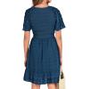 imageBTFBM Womens V Neck Casual Vacation Dress Short Sleeve Smocked Swiss Dot Swing Ruffle Mini Beach Summer Dresses 2025Swiss Dot Dark Blue
