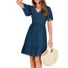 imageBTFBM Womens V Neck Casual Vacation Dress Short Sleeve Smocked Swiss Dot Swing Ruffle Mini Beach Summer Dresses 2025Swiss Dot Dark Blue