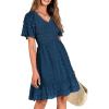 imageBTFBM Womens V Neck Casual Vacation Dress Short Sleeve Smocked Swiss Dot Swing Ruffle Mini Beach Summer Dresses 2025Swiss Dot Dark Blue